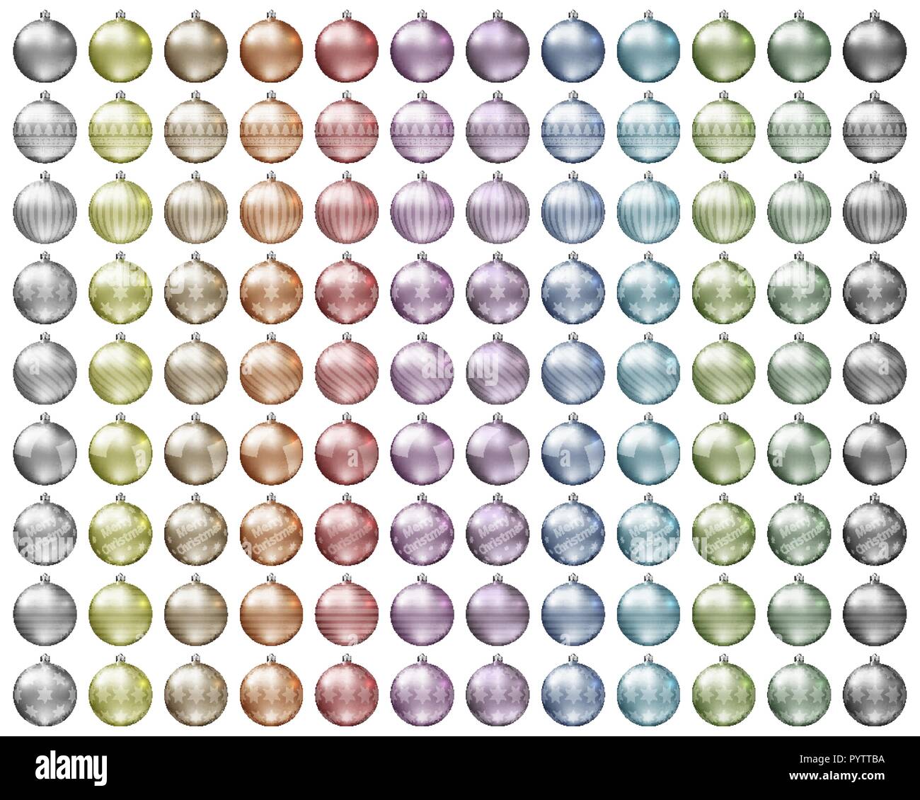 Pastel christmas baubles. Pastel color spectrum of christmas balls isolated on white background. Photorealistic high quality vector. Stock Vector
