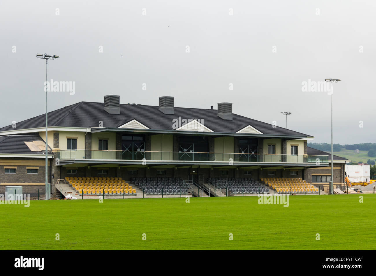Spectator stand and extensive clubhouse facilities costing £10m, nearing completion at Mint Bridge, the new rugby union football ground in Kendal. Stock Photo