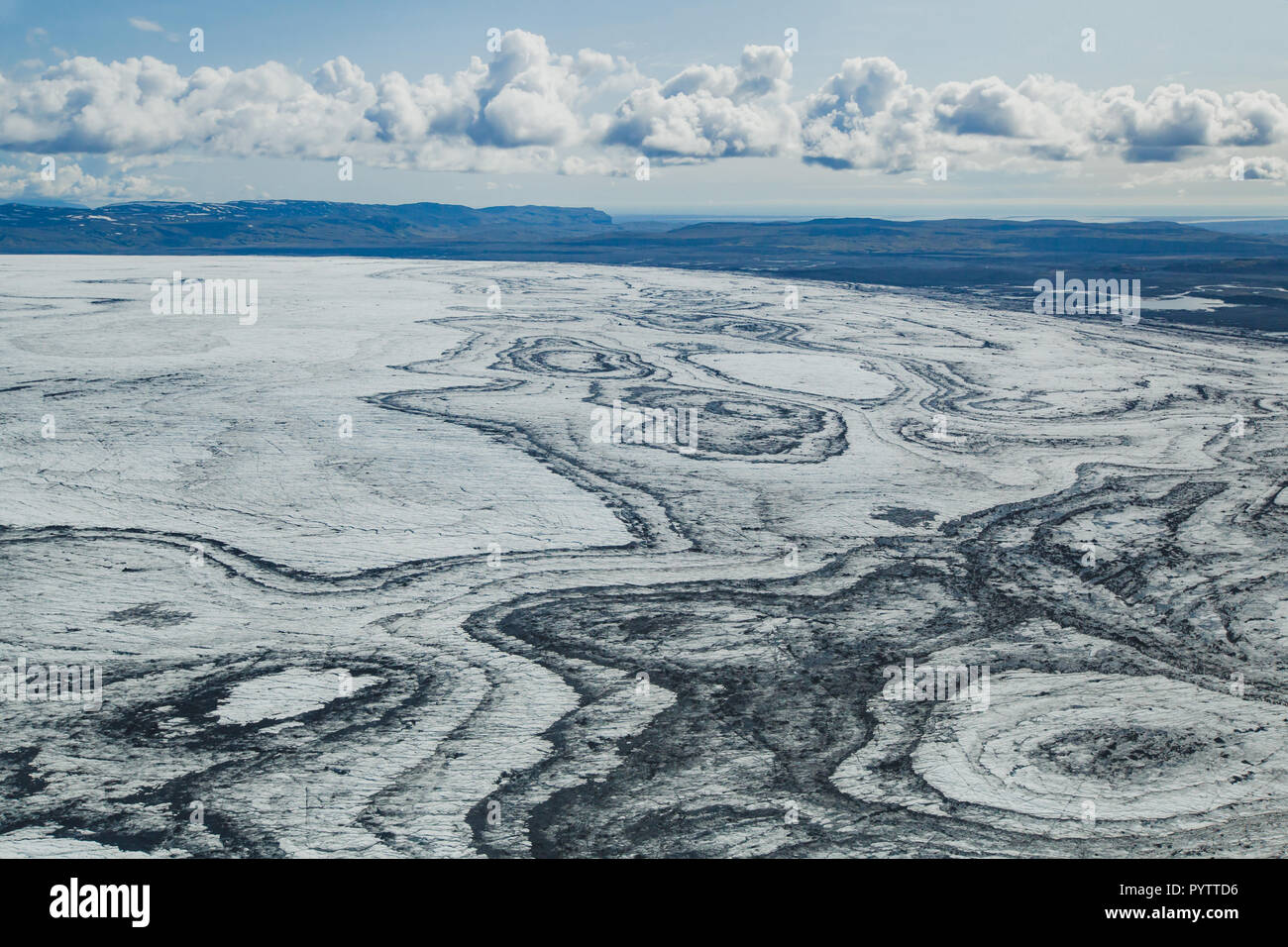 aerial landscape of glacier in Iceland, ice cap texture view seen from small airplane Stock Photo