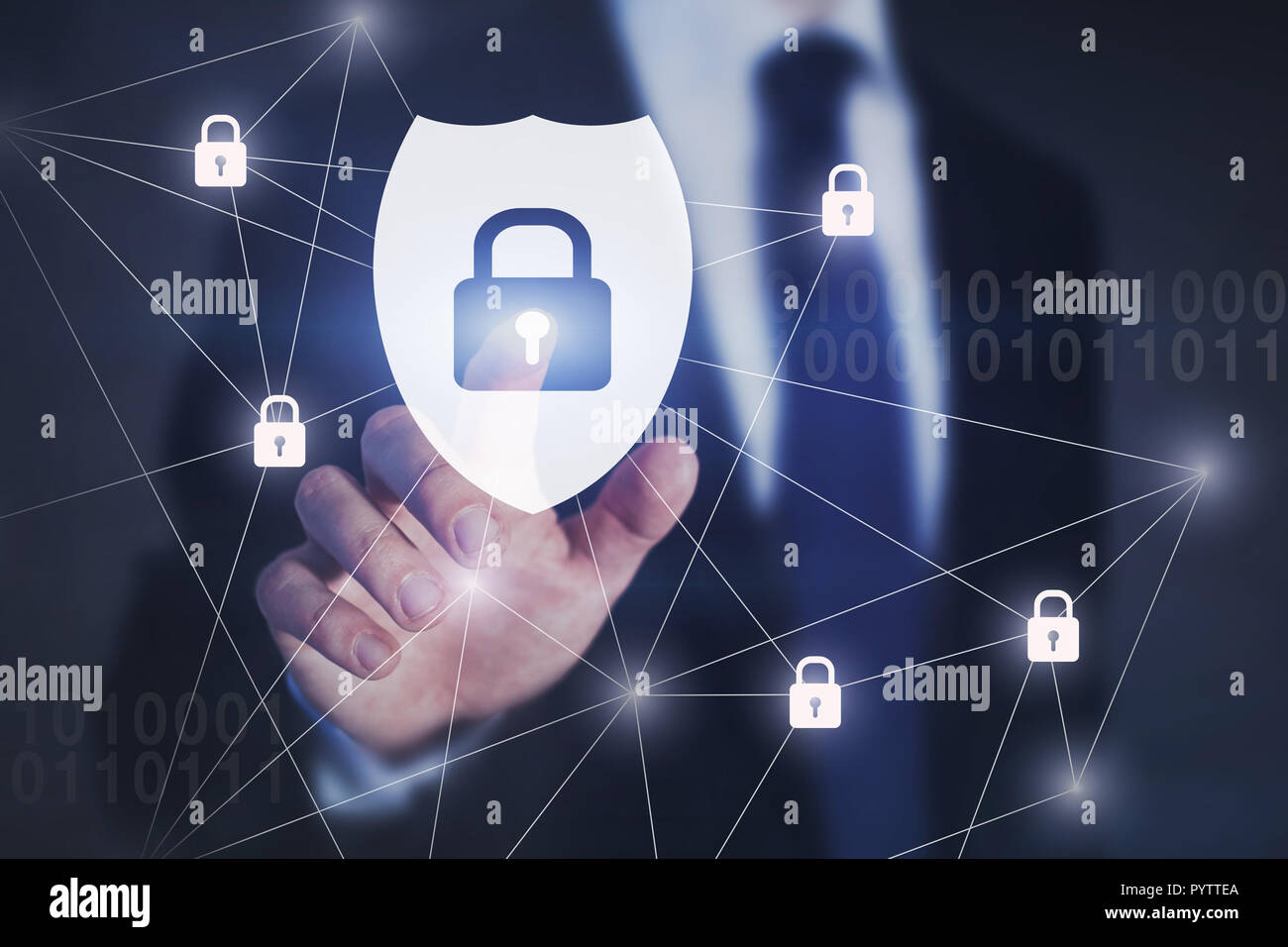 cybersecurity concept, cyber security shield button with padlocks on touch screen Stock Photo