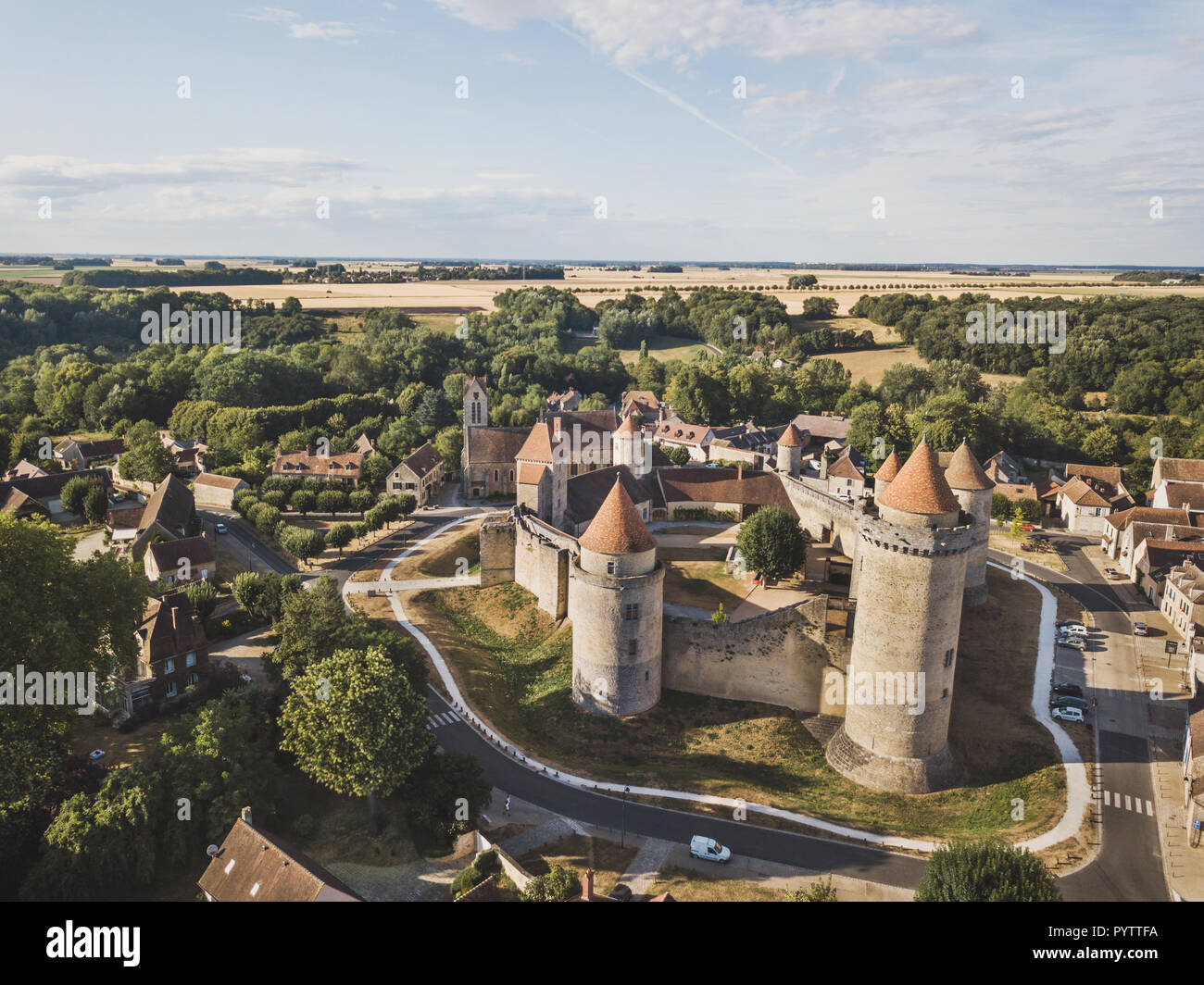 Castle Blandy les tours in France, aerial view of medieval chateau museum Stock Photo