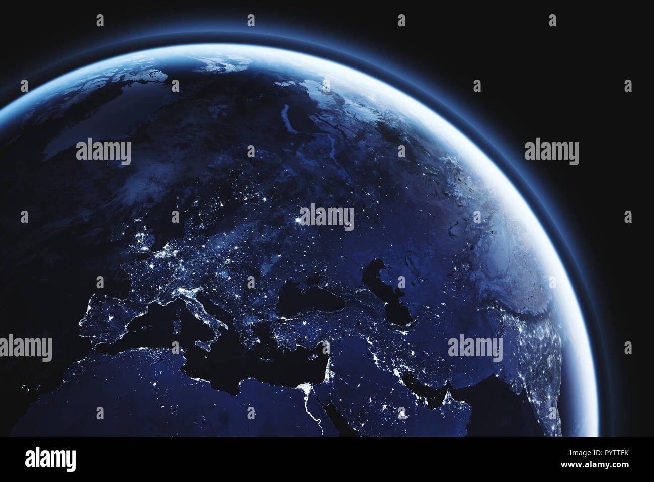 planet Earth seen from space, Europe close up, aerial view of european continent night lights with copyspace, blue tone, part of image furnished by NA Stock Photo