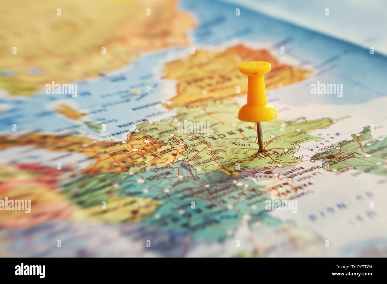 Travel map, pin on the destination place. Tourism concept background. Stock Photo