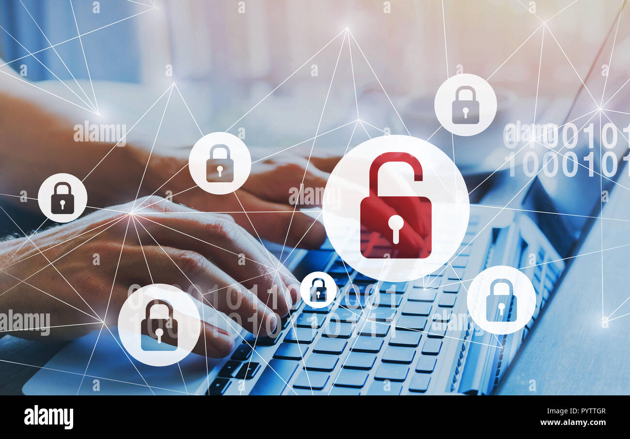 hacker attack and data breach, information leak concept, futuristic cyber  background with broken lock Stock Photo