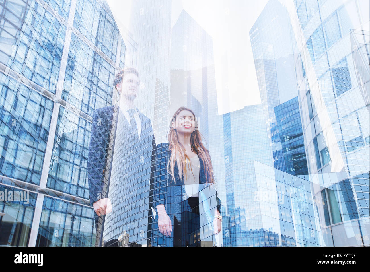 human resources, HR concept, we are hiring, young business people starting career in company, double exposure Stock Photo