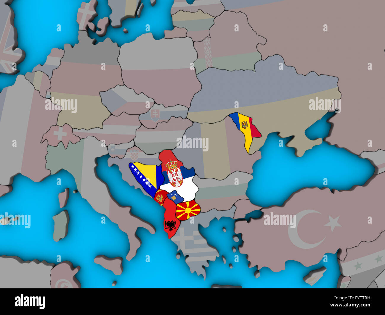 CEFTA countries with embedded national flags on blue political 3D globe ...