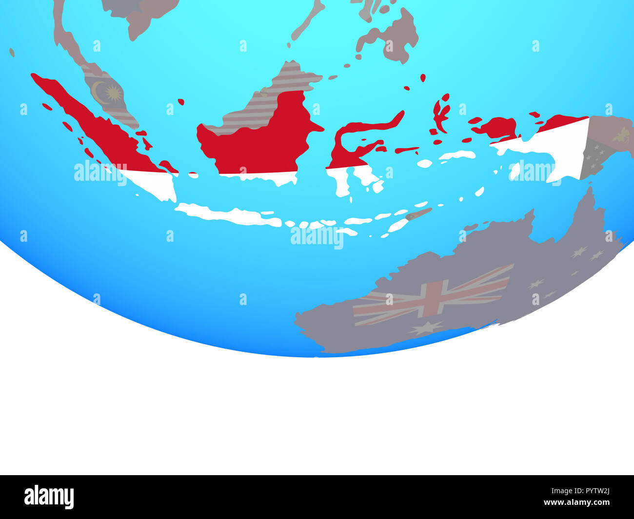 Indonesia with national flag on simple political globe. 3D illustration. Stock Photo