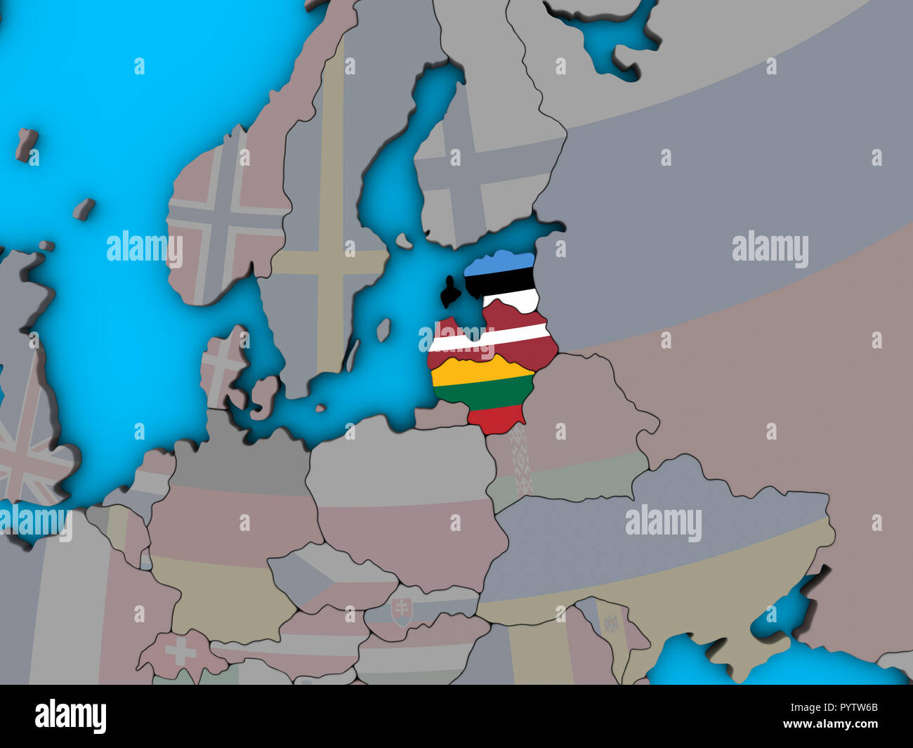Baltic States with embedded national flags on blue political 3D globe. 3D illustration. Stock Photo