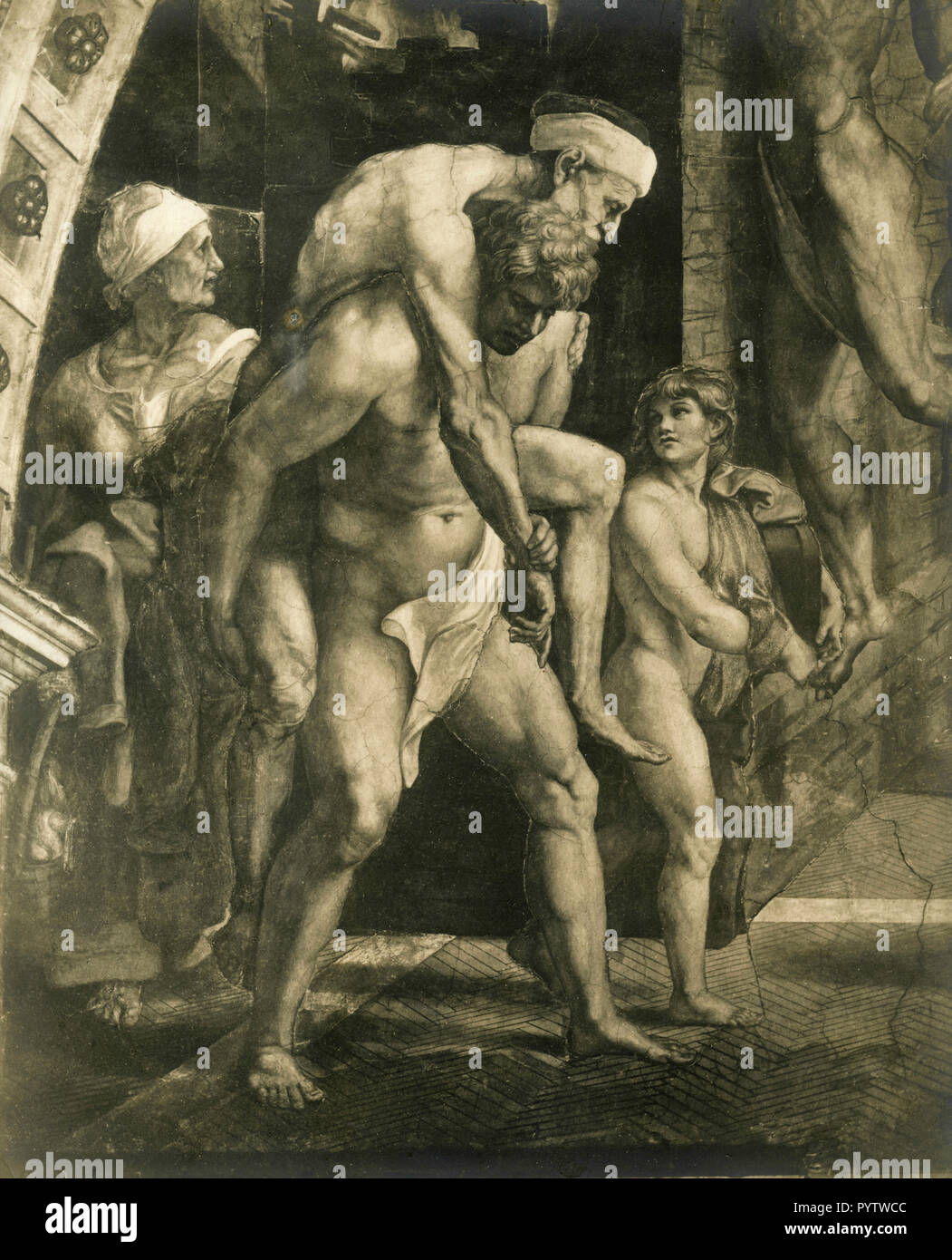 The Fire in Borgo, detail of the fresco by Raphael, Apostolic Palace, Vatican City 1930s Stock Photo
