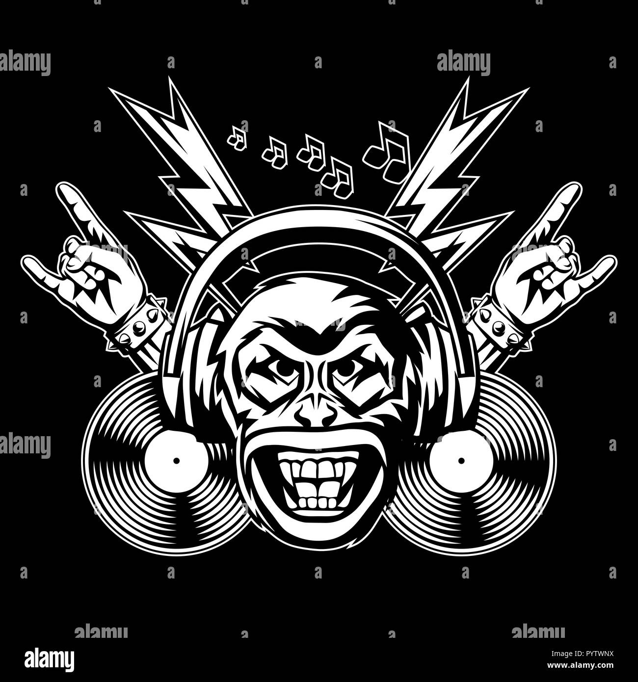 Rock and roll music print. Angry monkey head. Stock Vector