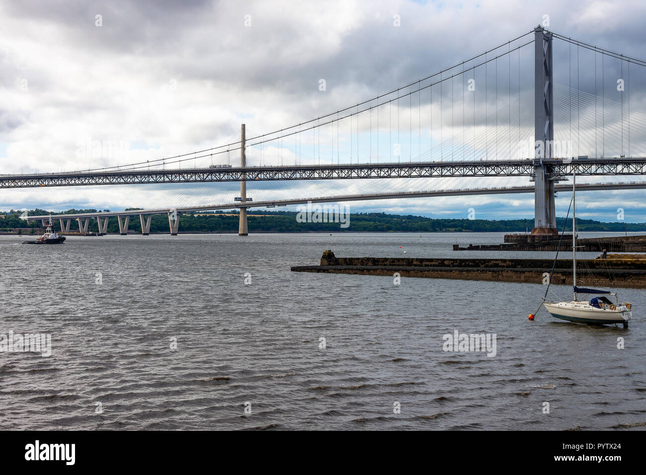 The Old and New Forth Road Bridges from North Queensferry Crossing the Firth of Forth near Edinburgh Scotland United Kingdom UK Stock Photo