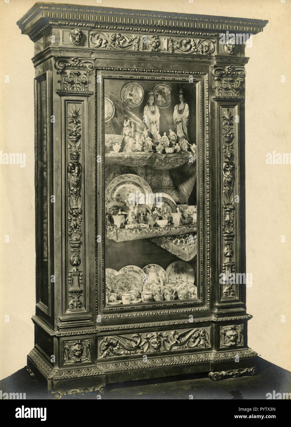 Wooden carved cupboard from the Sixteen Century, Lucca, Italy 1930s Stock Photo