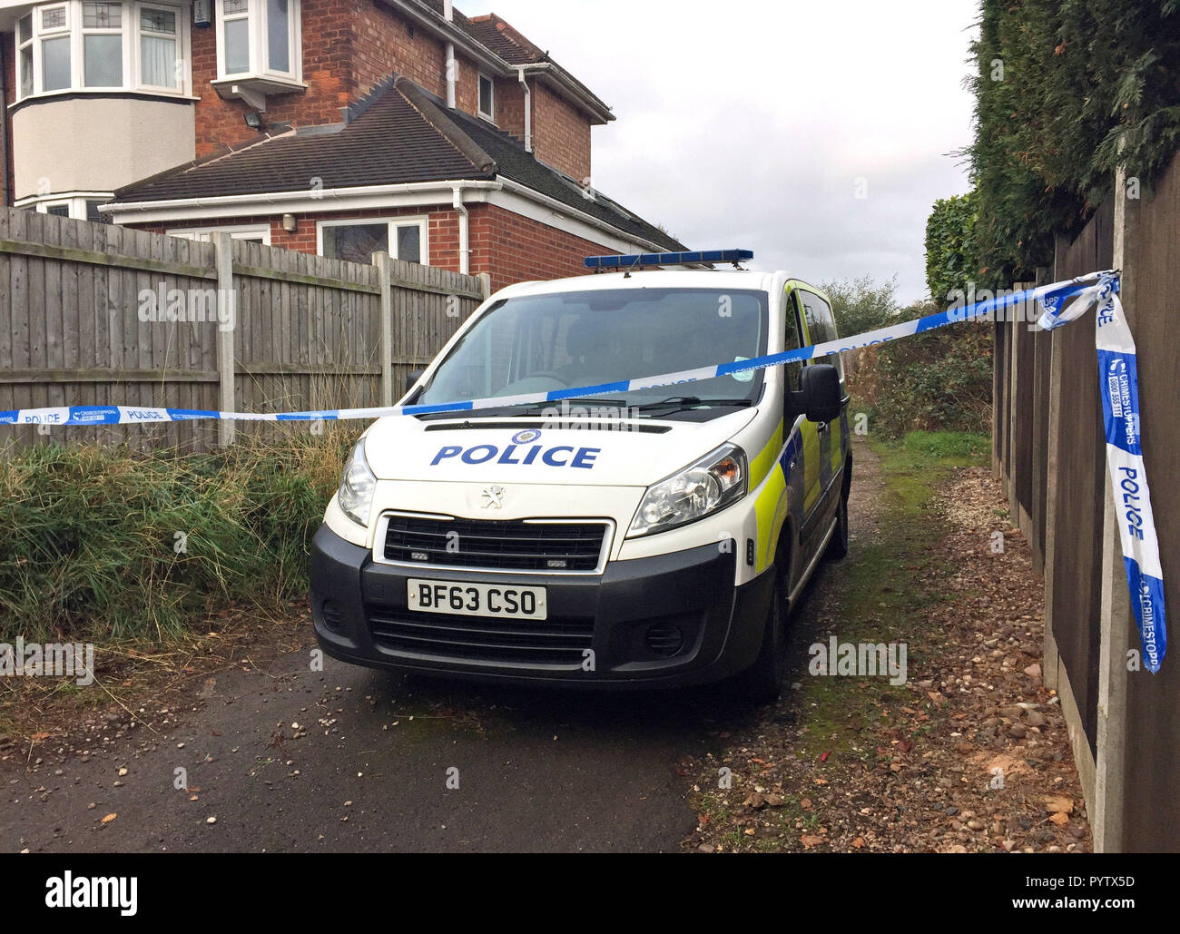 A police van outside a property in Sutton Coldfield in the West Midlands, where a search has begun for the body of Suzy Lamplugh who went missing in 1986. Stock Photo