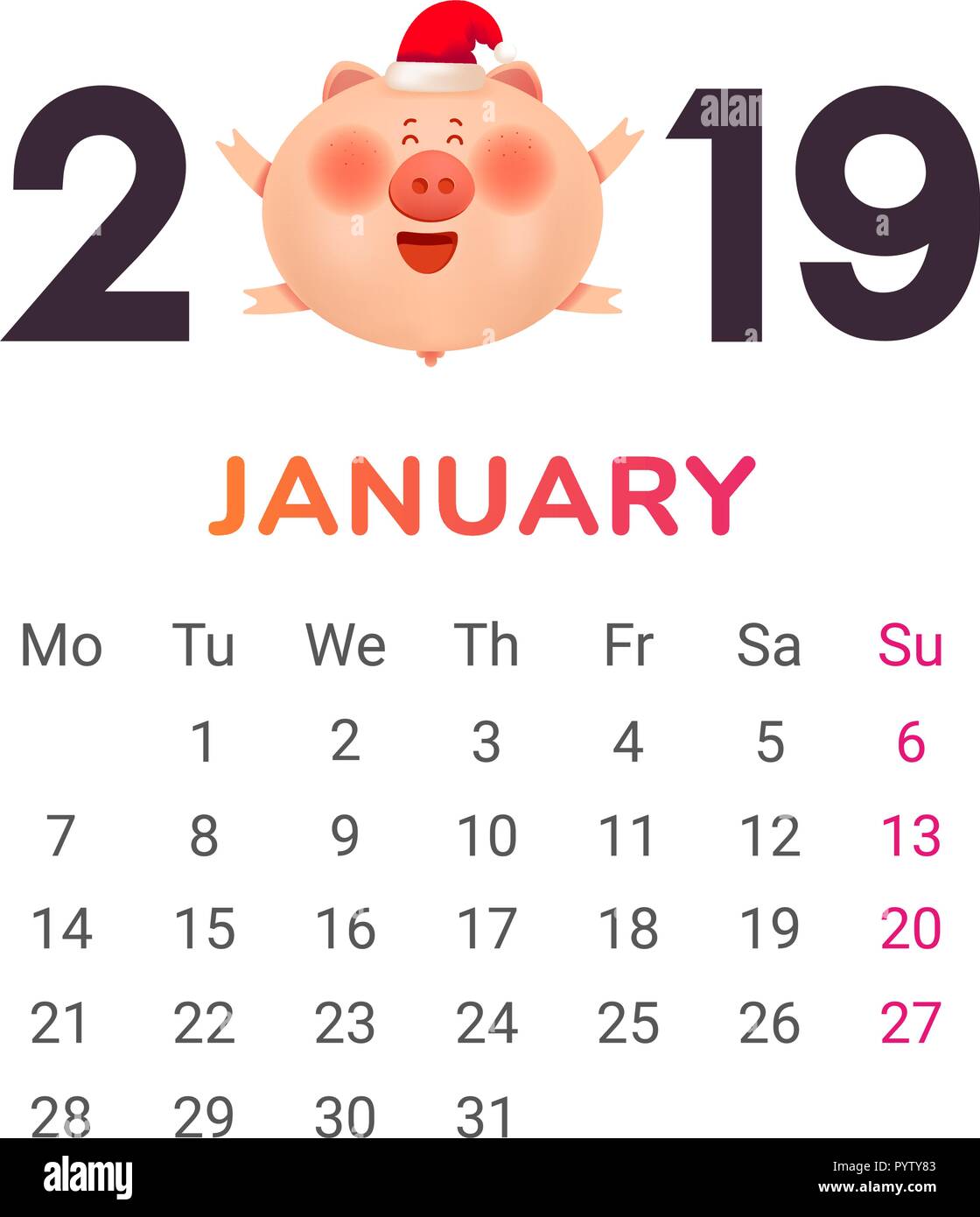 Calendar for 2019. January month. Color numbers with a jolly fat pig