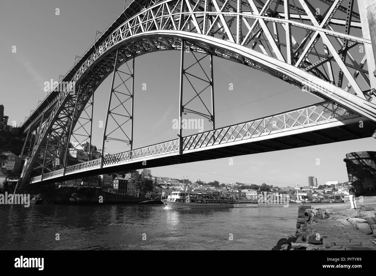 High Level Bridge, Oporto Portugal EU. Foot bridge and Rail bridge and Car Bridge, River Douro, Douro River, Structural, Boats. Stock Photo