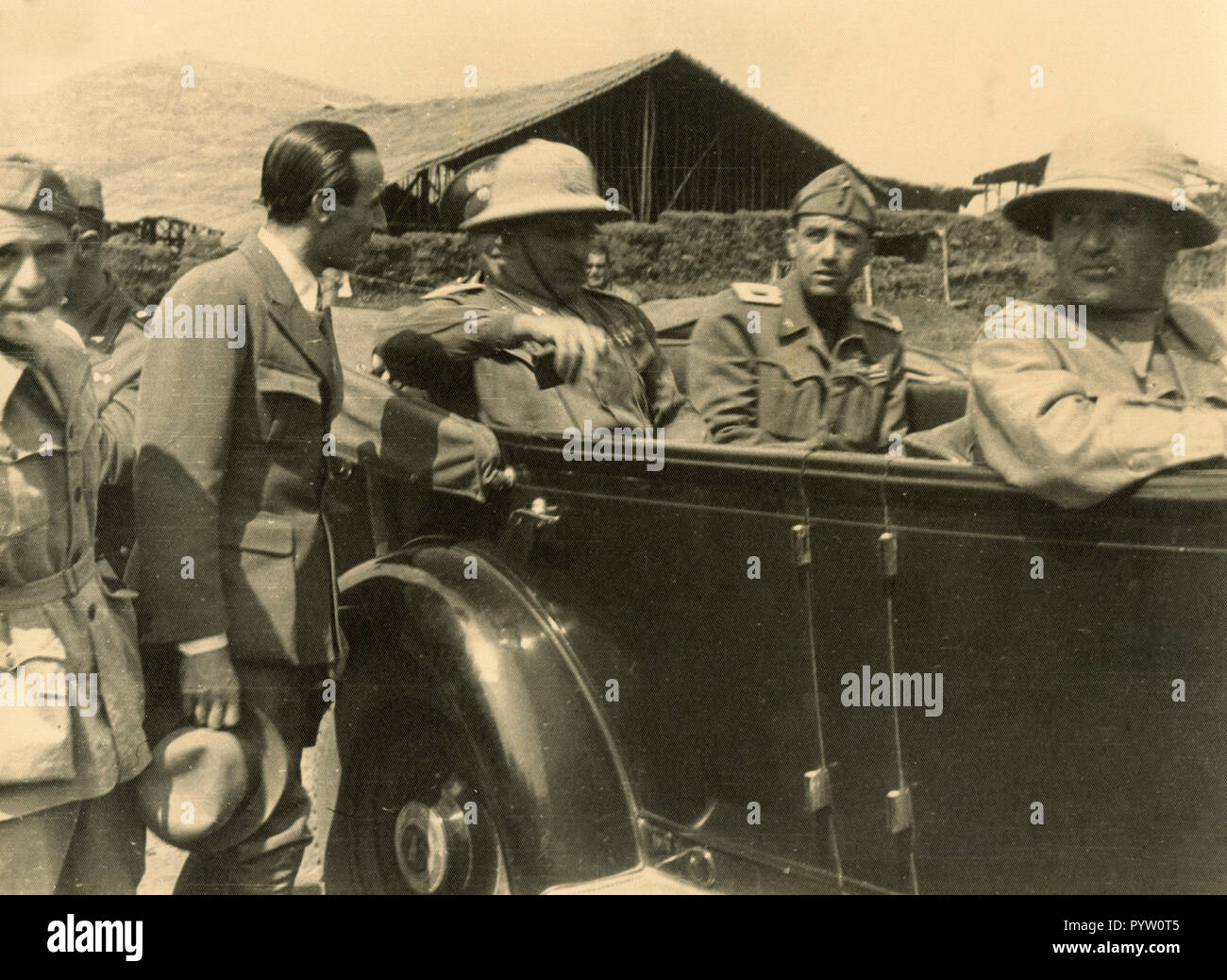 Fascist hierarchy with the car in the Italian colonies, 1930s Stock Photo