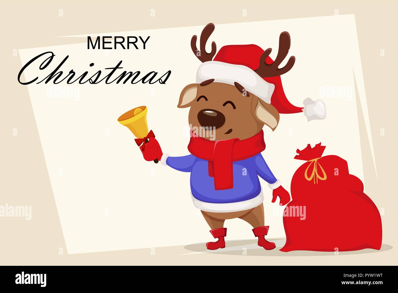 Merry Christmas greeting card with cute deer wearing Santa Claus hat ...