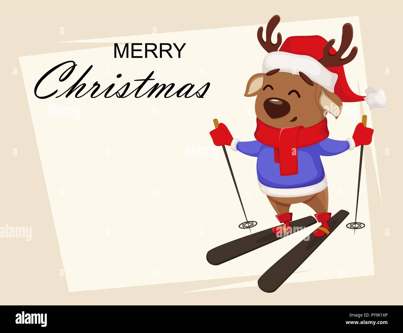 Merry Christmas greeting card with cute deer wearing Santa Claus hat ...