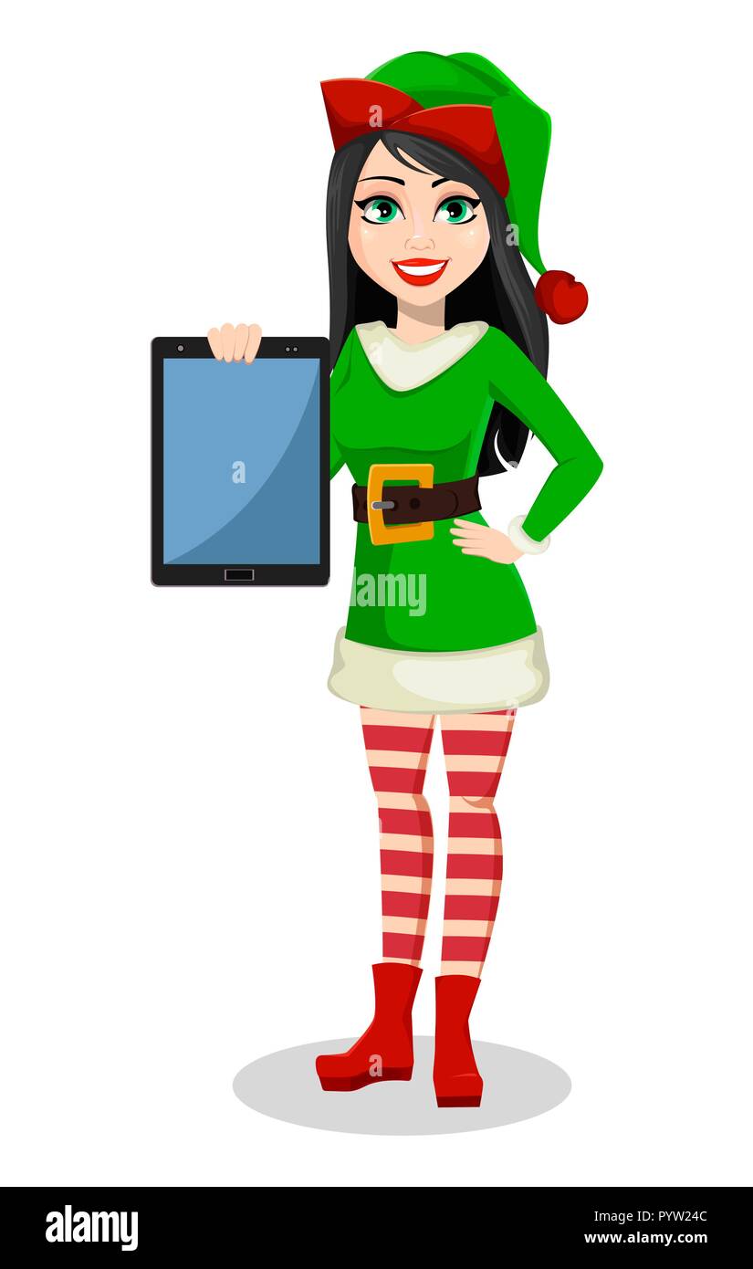 Merry Christmas and Happy New Year. Beautiful woman in costume of Elf. Lady  Santa Helper cartoon character holds tablet. Vector illustration Stock  Vector Image & Art - Alamy