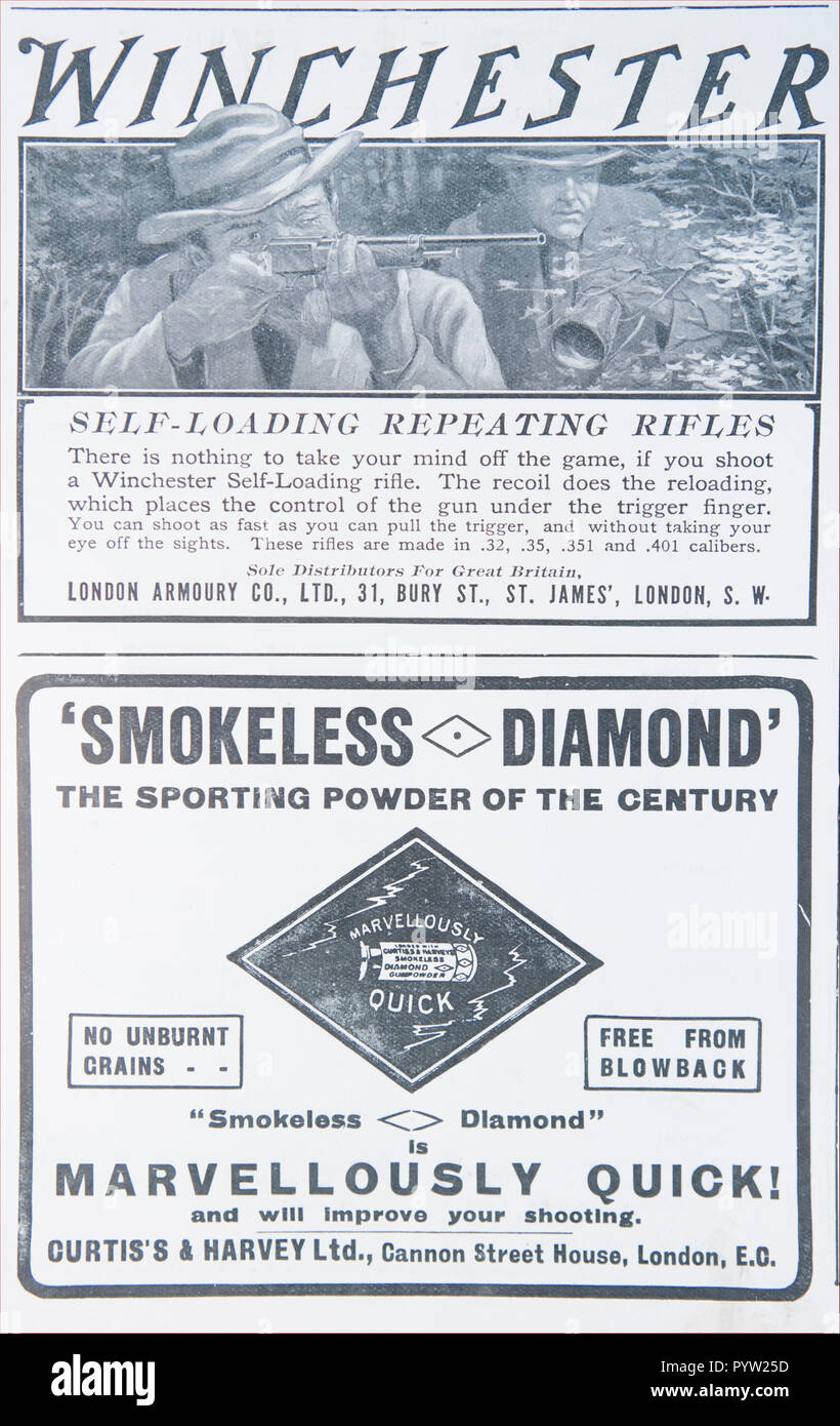 Old advert for Winchester repeating rifles and Smokeless Diamond gunpowder. From a British magazine during the 1914-1918 period. England UK GB Stock Photo