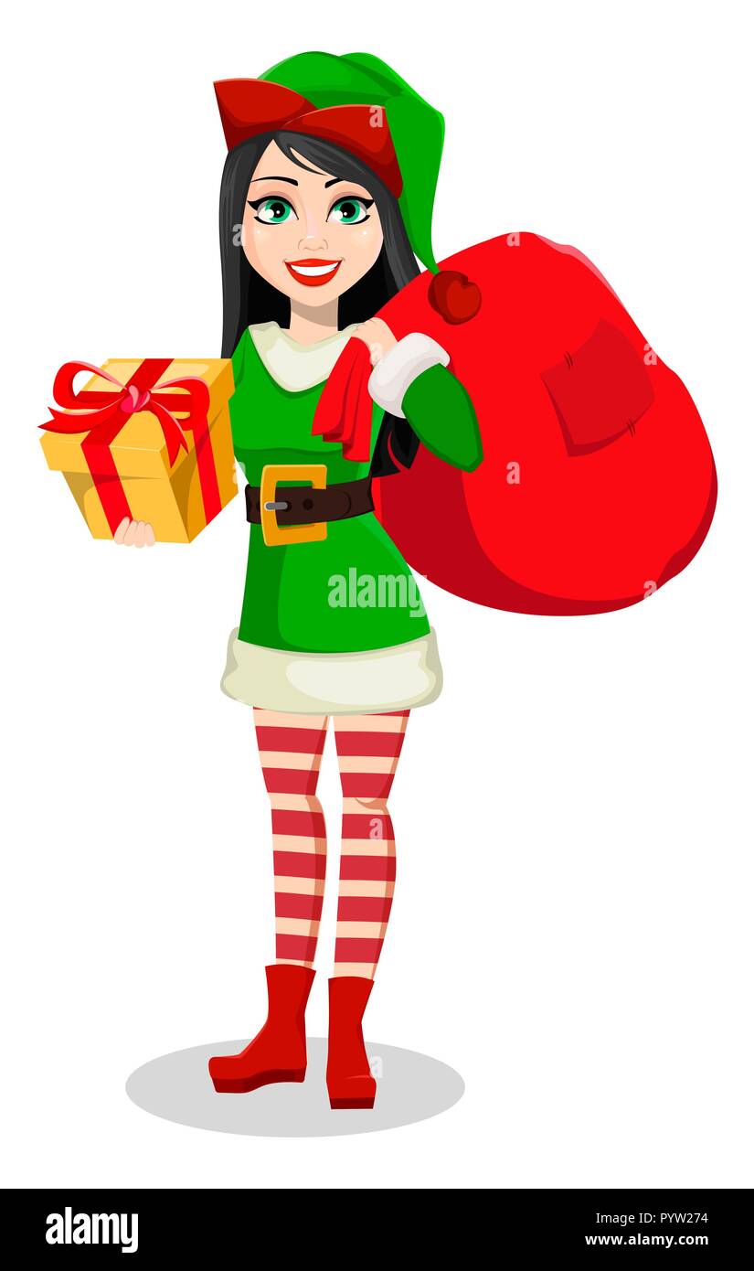 Merry Christmas and Happy New Year. Beautiful woman in costume of Elf. Lady Santa Helper cartoon character holds gift box and bag with presents. Vecto Stock Vector