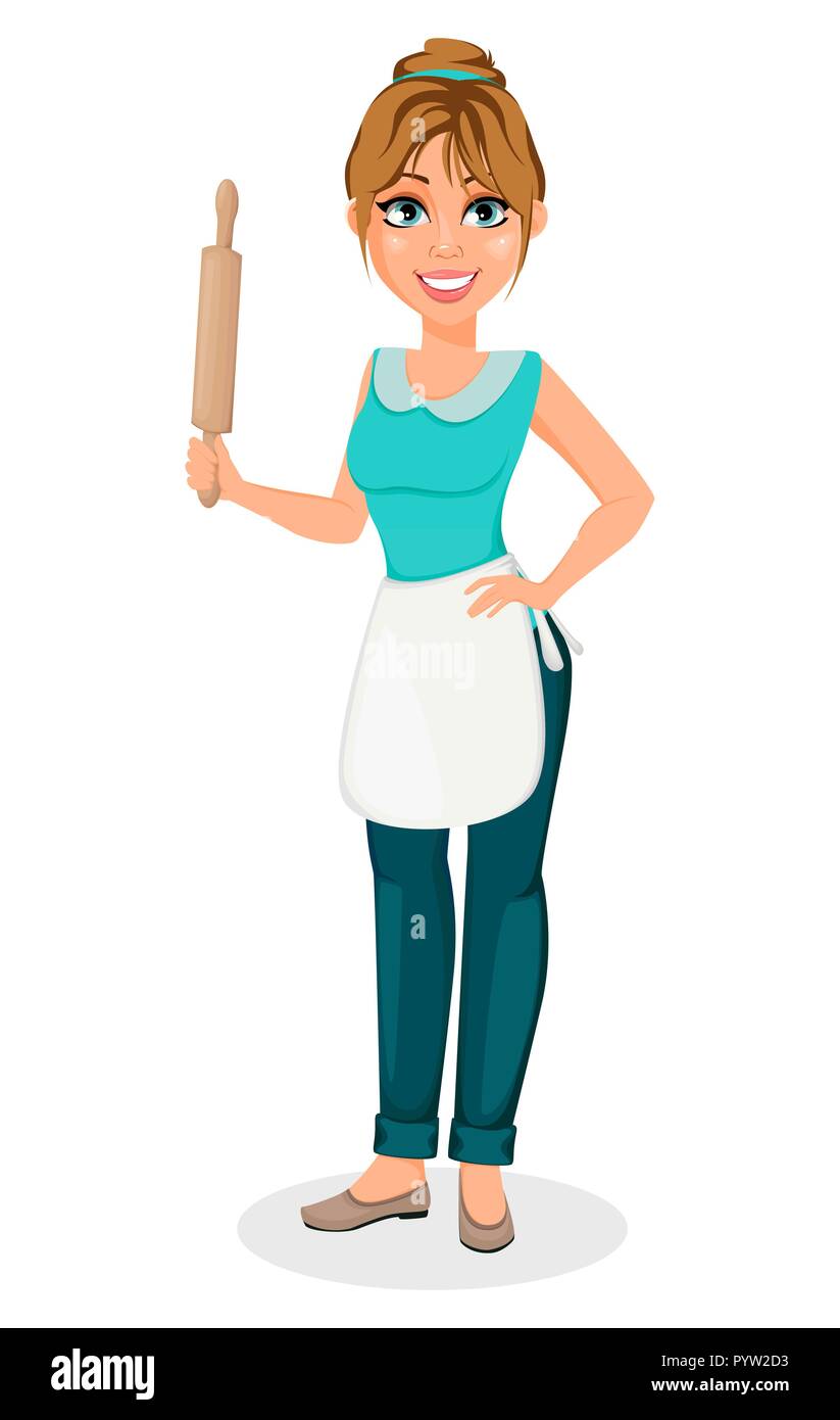 Happy housewife. Cheerful mother, beautiful woman. Cartoon character holds  wooden rolling pin. Vector illustration on white background Stock Vector  Image & Art - Alamy