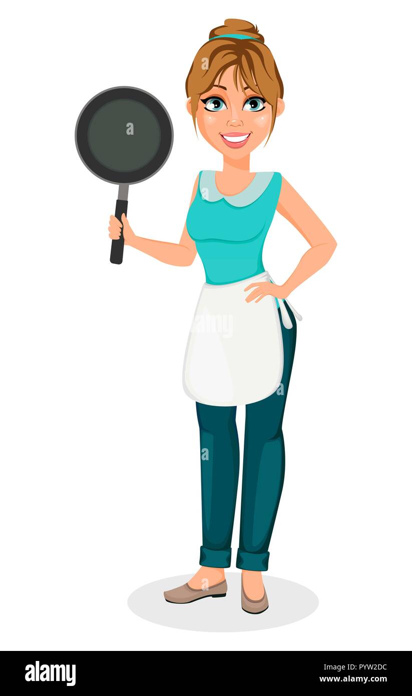 Happy housewife. Cheerful mother, beautiful woman. Cartoon character holds frying pan. Vector illustration on white background. Stock Vector