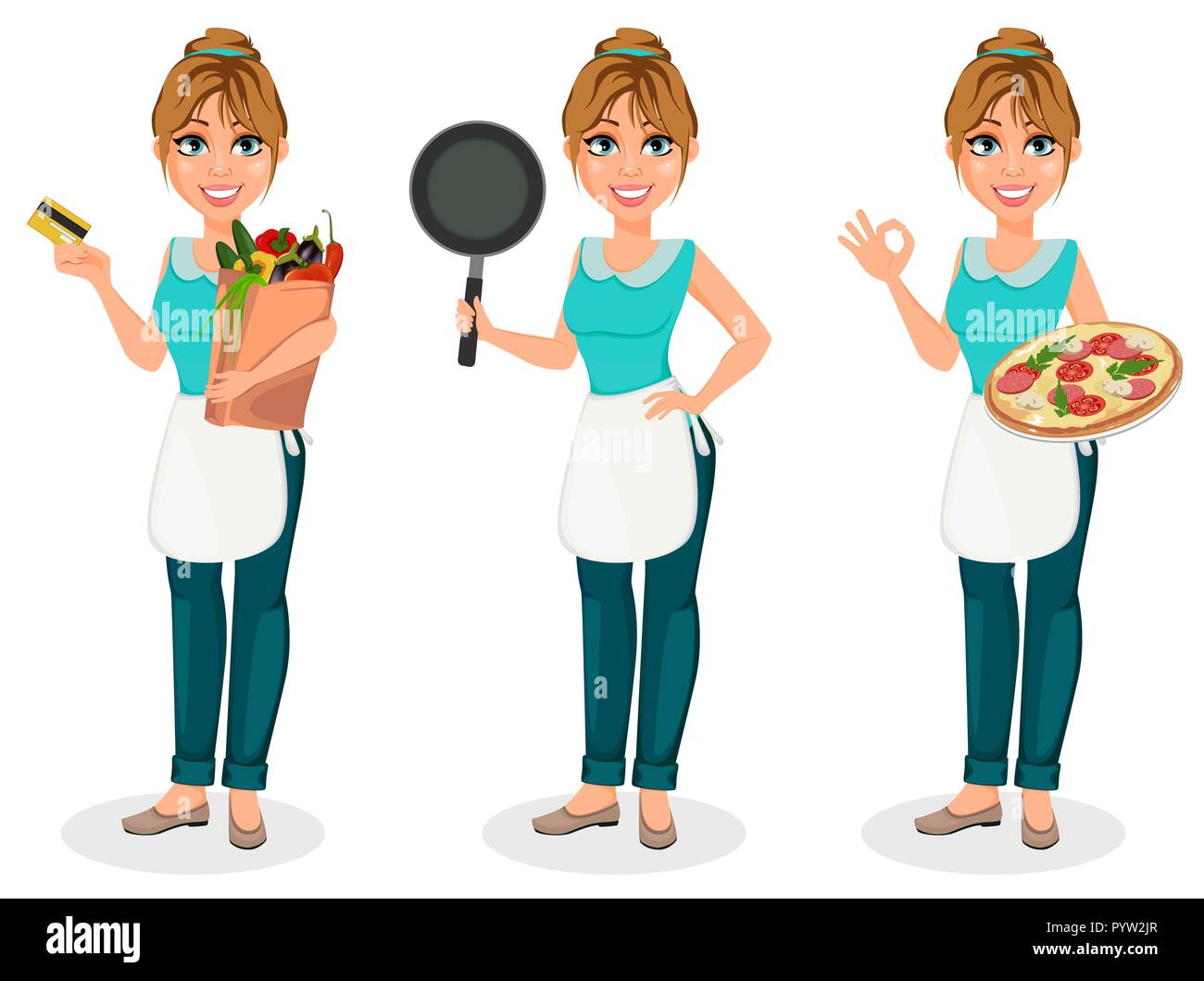 Happy housewife. Cheerful mother, beautiful woman, set of three poses. Cartoon character holds bag with food, holds frying pan and holds pizza. Vector Stock Vector