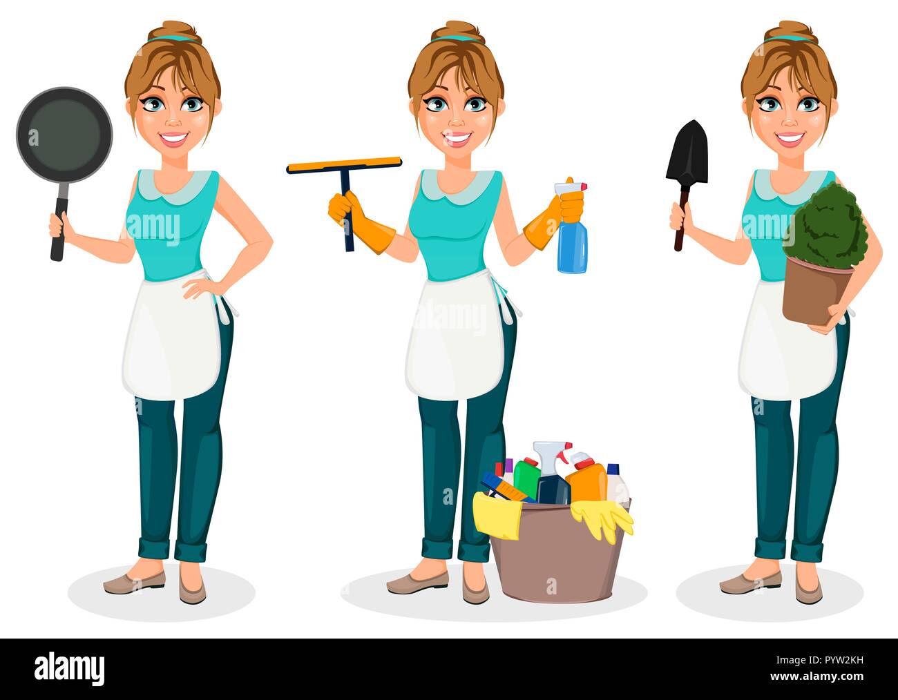Happy housewife. Cheerful mother, beautiful woman, set of three poses. Cartoon character holds frying pan, holds cleaning agents and holds shovel and  Stock Vector