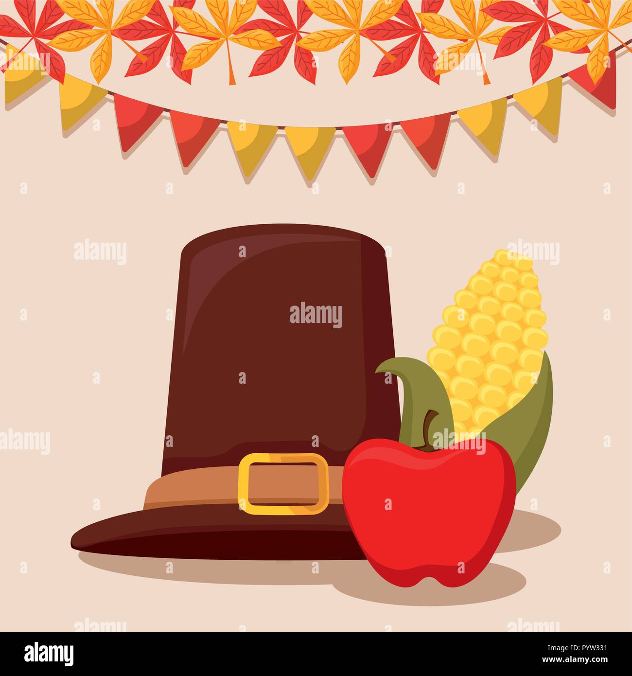 pilgrim hat of thanksgiving day with cob and apple vector illustration ...