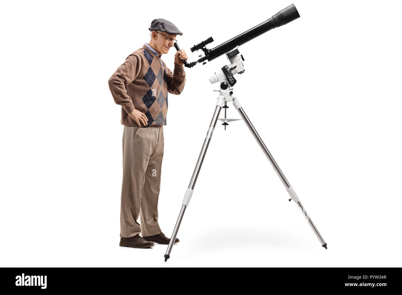 Ontrouw leer Verst Full length shot an elderly man looking through a telescope isolated on  white background Stock Photo - Alamy