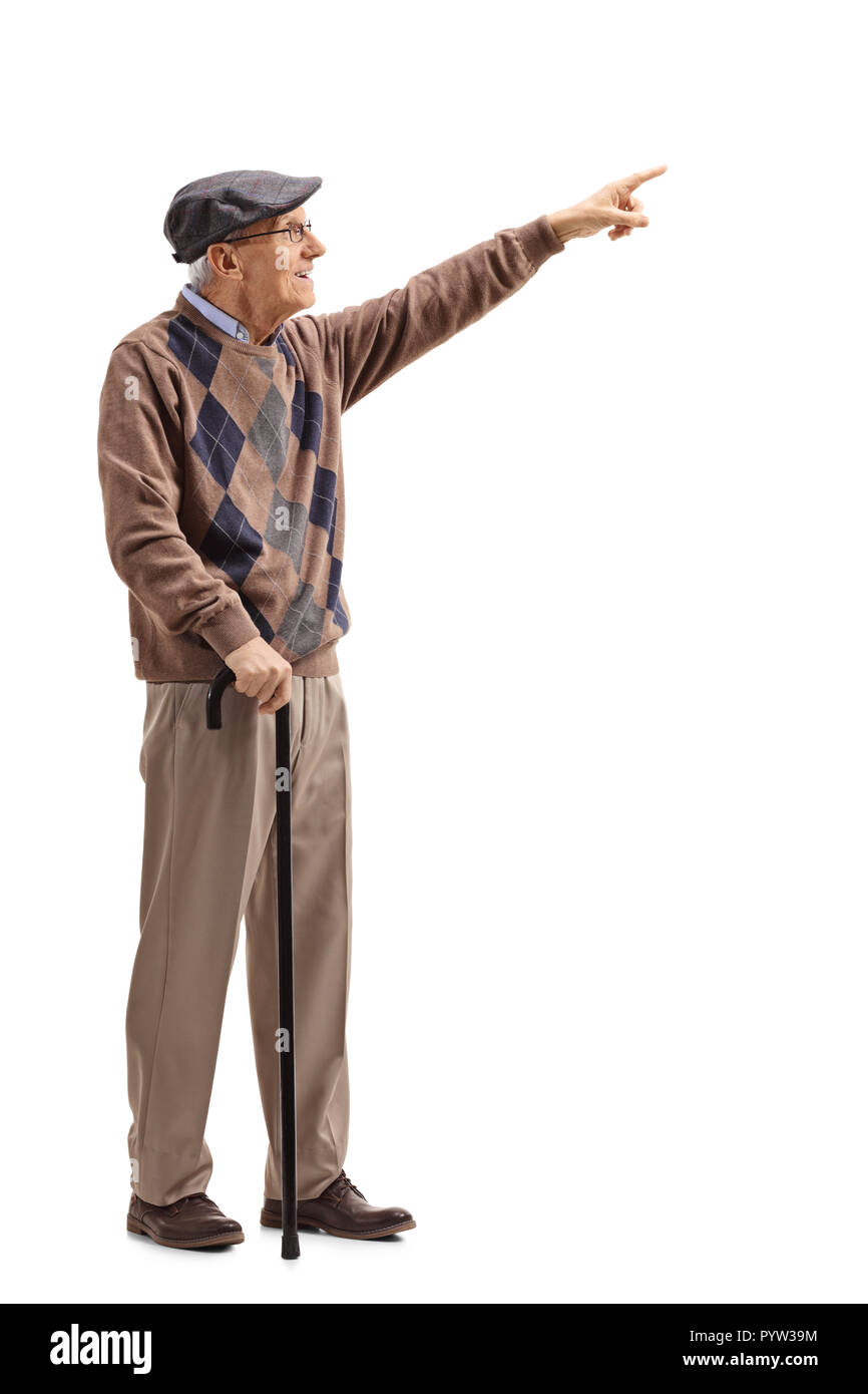 Full length shot of an elderly man standing with a cane and pointing