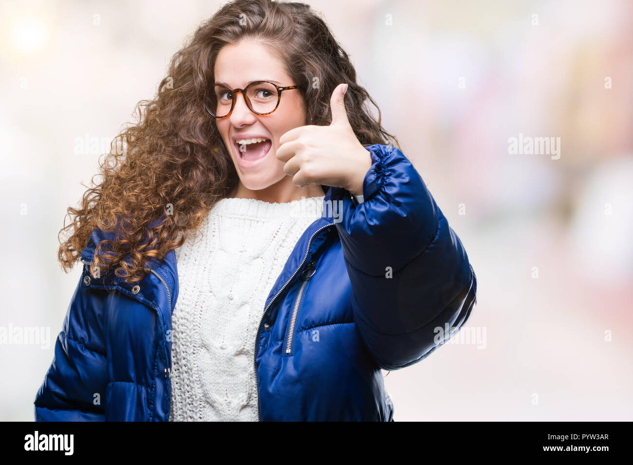 Beautiful Young Brunette Curly Hair Girl Wearing Winter Coat