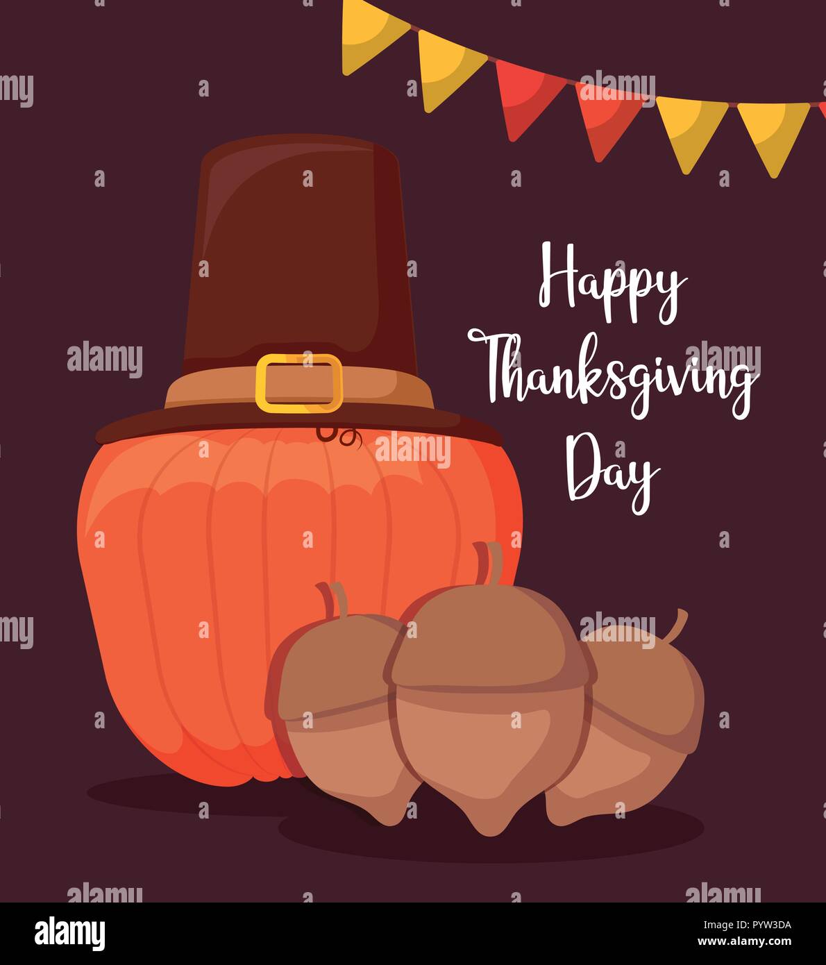 pumpkin with pilgrim hat and nut of thanksgiving vector illustration ...