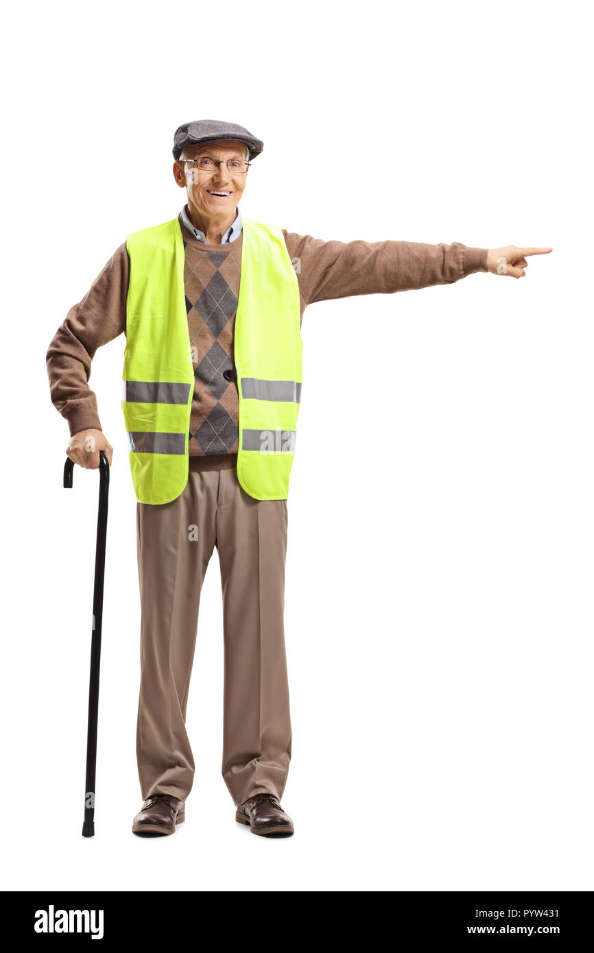 Full length portrait of an elderly man with a cane wearing safety vest