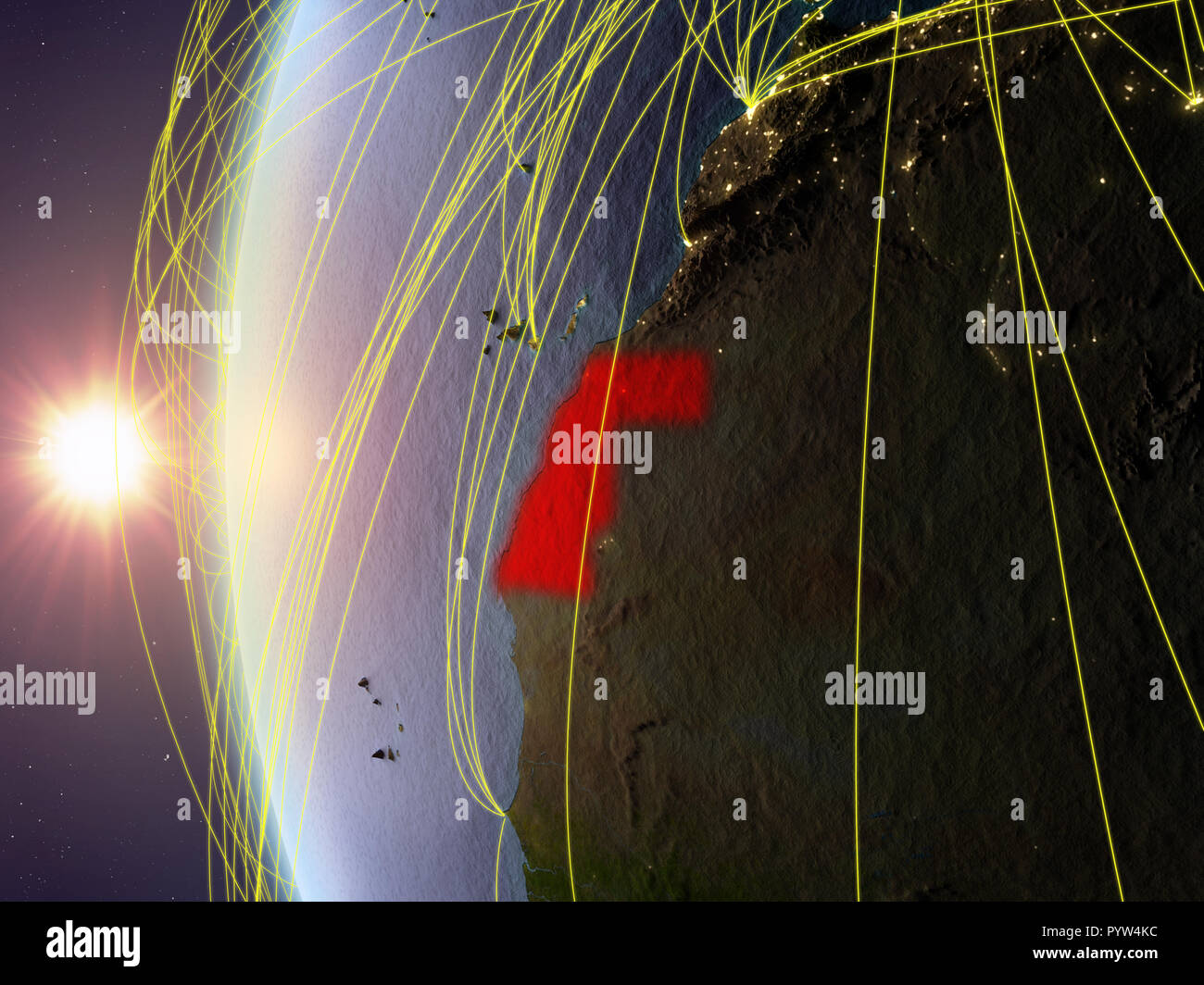Western Sahara from space on model of Earth during sunset with ...
