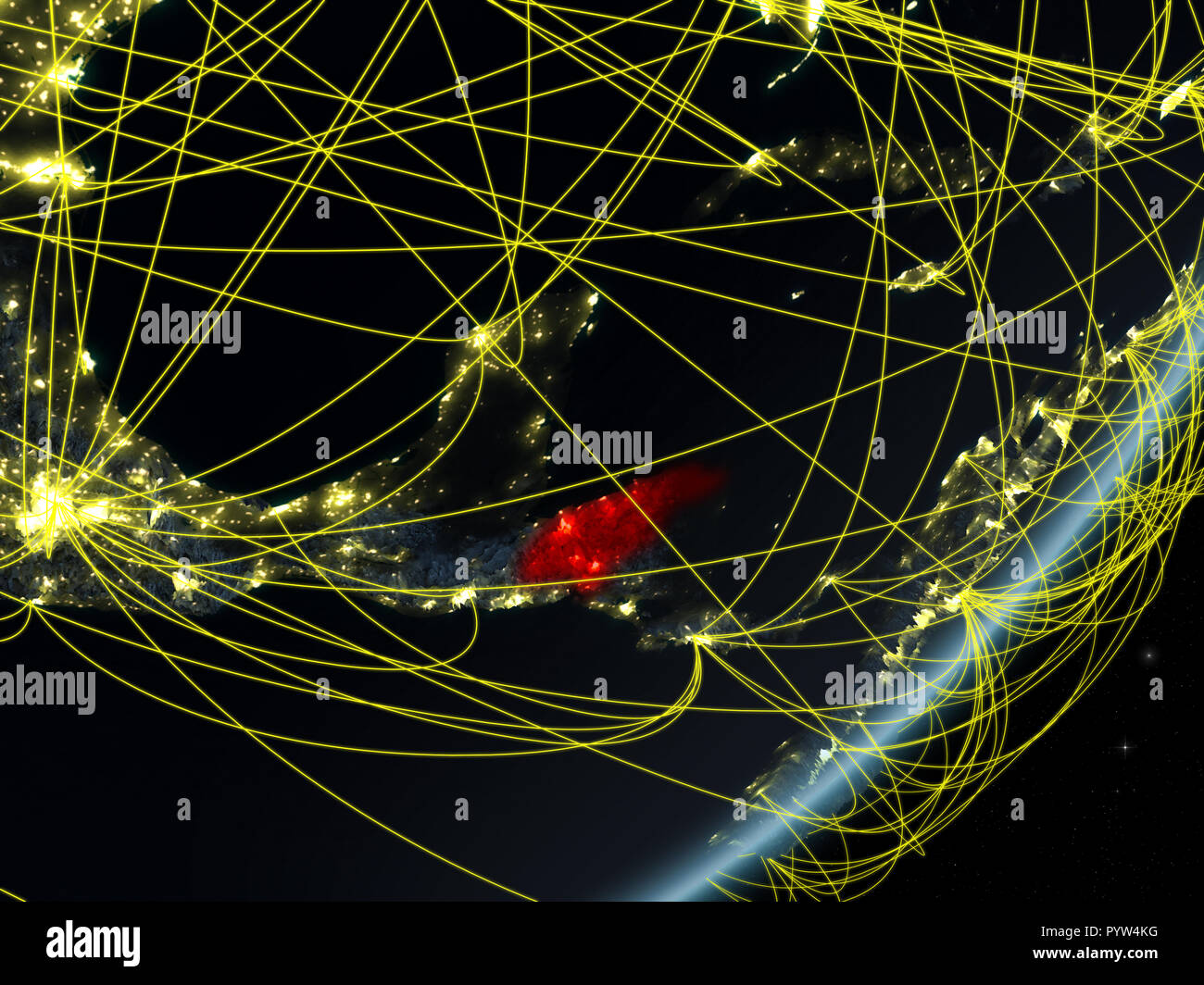 Honduras on model of planet Earth with network at night. Concept of new ...