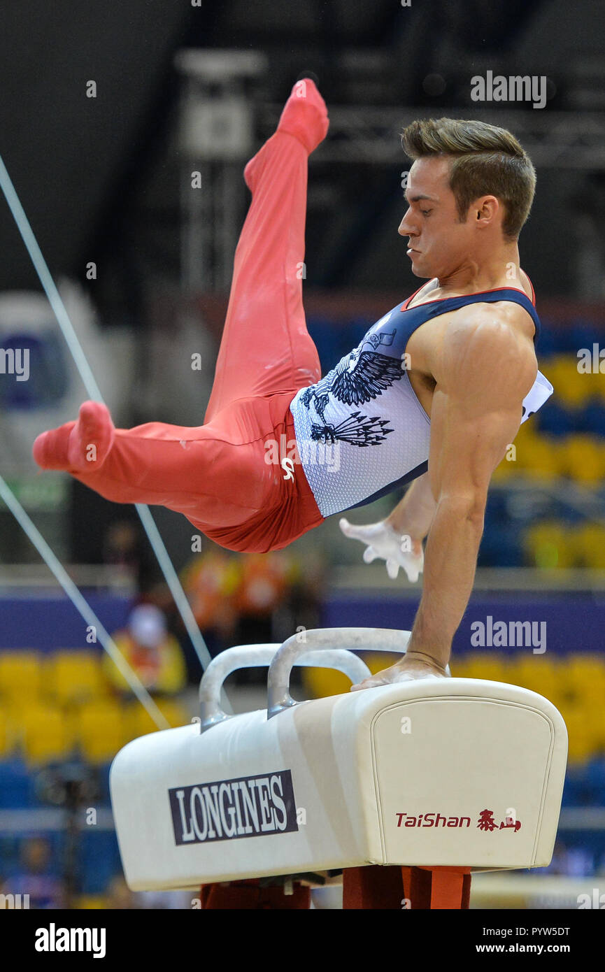 Doha, Qatar. 29th Oct, 2018. SAM MIKULAK competes on the pommel horse ...