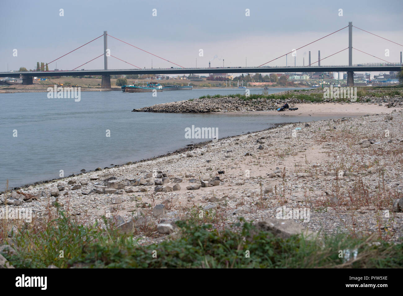 Leverkusen, Deutschland. 30th Oct, 2018. Cargo ships on the Rhine, in the background the Leverkusen Bridge and the Bayer plant, Chempark, in the foreground a gravel bank, low water in the Rhine, the low water level allows cargo ships to drive only with less cargo, | usage worldwide Credit: dpa/Alamy Live News Stock Photo