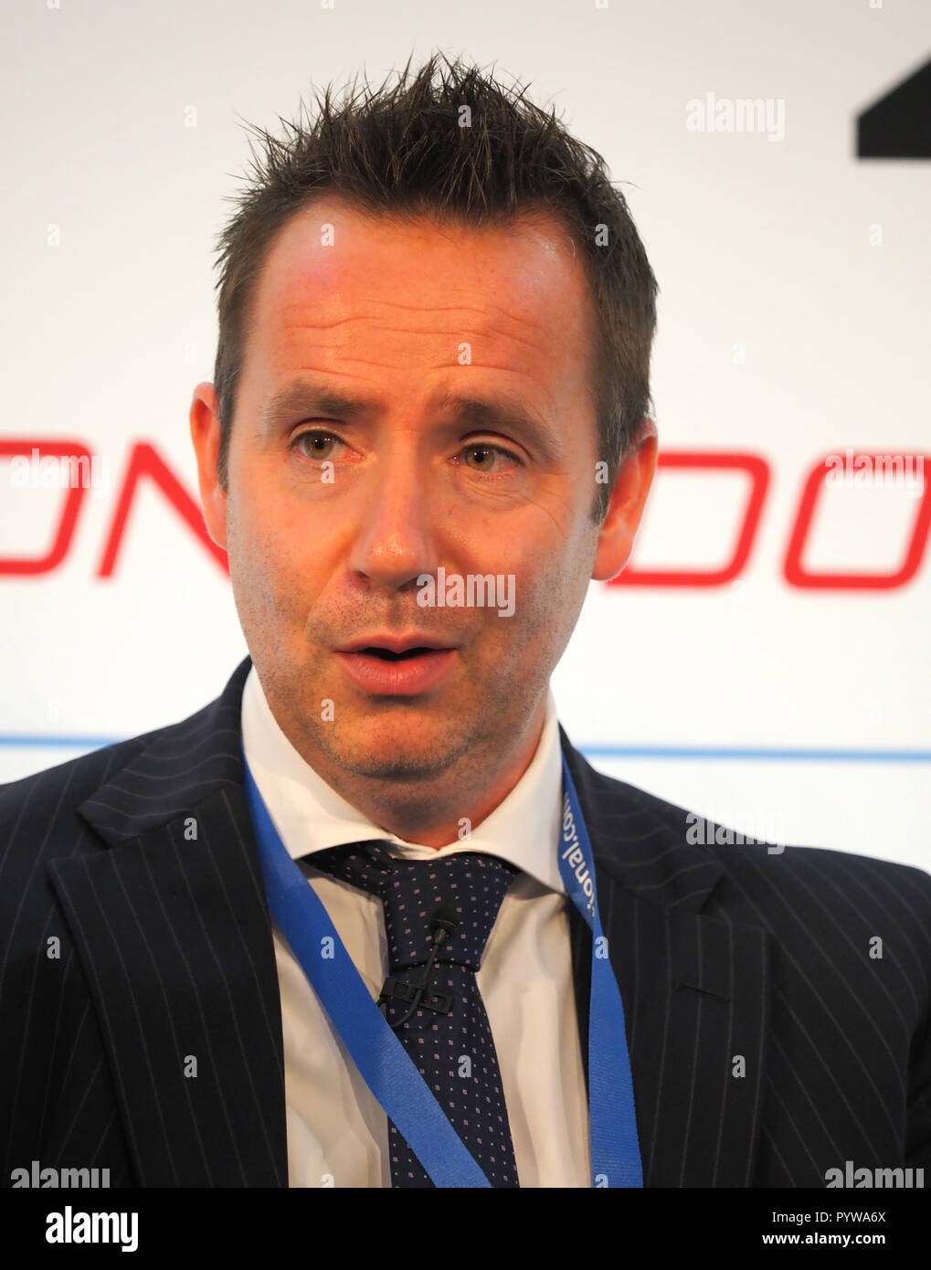 London, UK. 30th Oct, 2018. Al Titherington, Managing Director, Cornwall Airport Newquay, speaking at the Airport Operators Conference being held at County Hall, London today (Tues) Credit: Finnbarr Webster/Alamy Live News Stock Photo