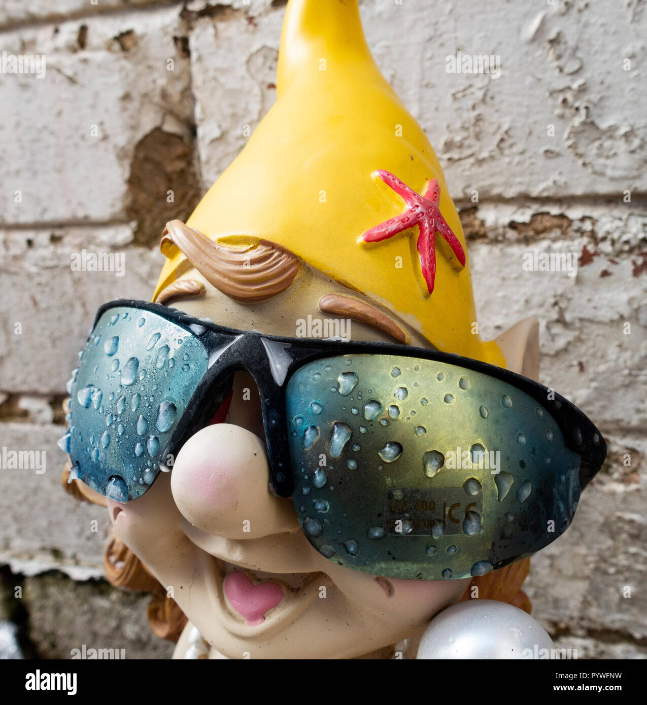 Seaton Carew, County Durham, England, United Kingdom. 31st Oct, 2018. Weather: Overnight rain freezes on sunglasses on garden gnome in garden near Seaton Carew on a frosty Wednesday morning in the north east of England. Credit: ALAN DAWSON/Alamy Live News Stock Photo