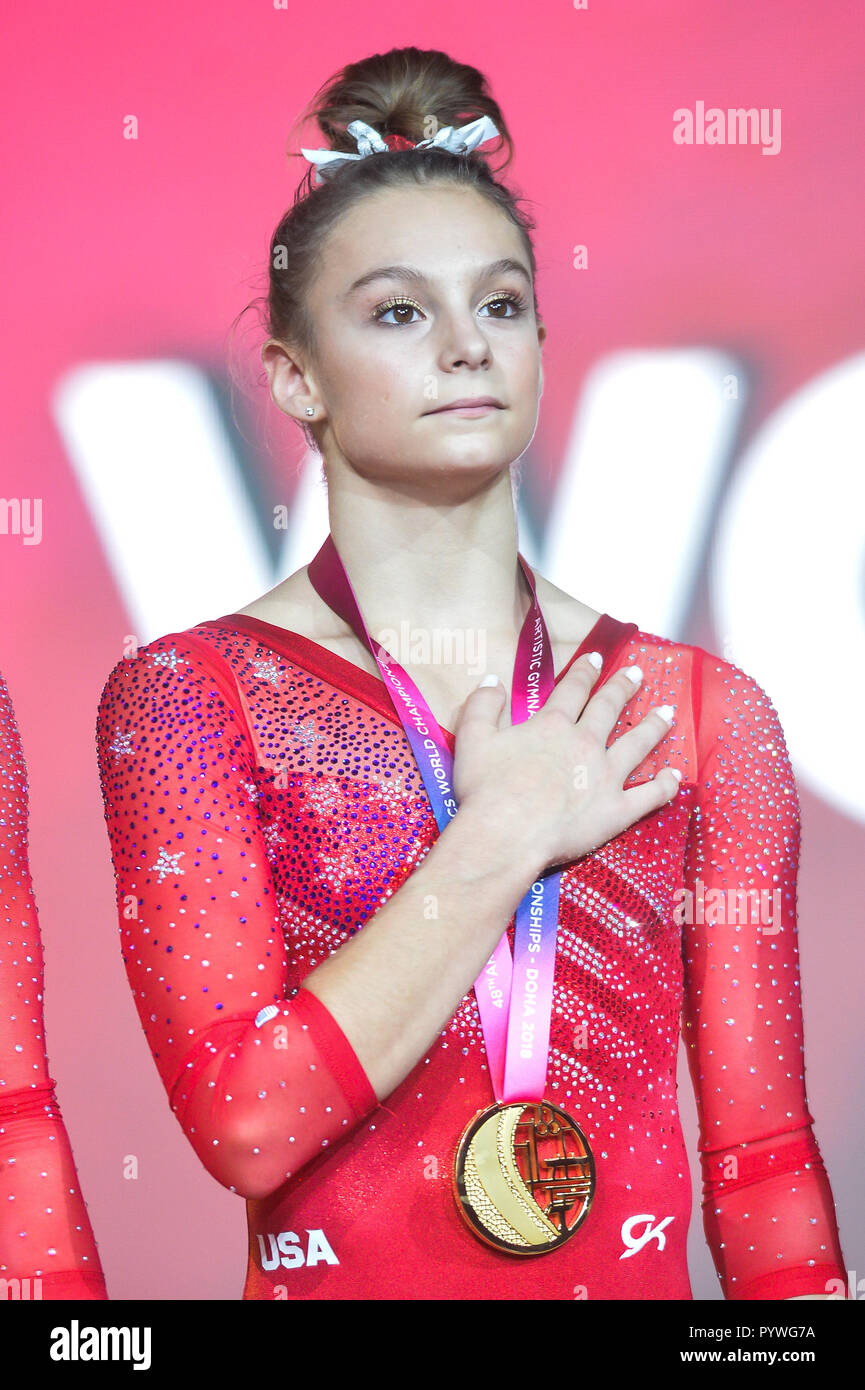 Doha, Qatar. 30th Oct, 2018. GRACE MCCALLUM looks at the flag during
