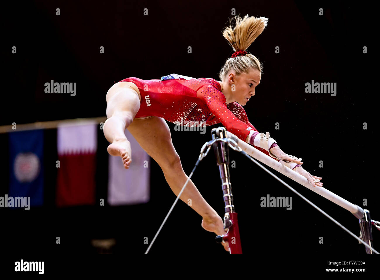 Doha, Qatar. 30th Oct, 2018. RILEY MCCUSKER competes on the uneven bars ...