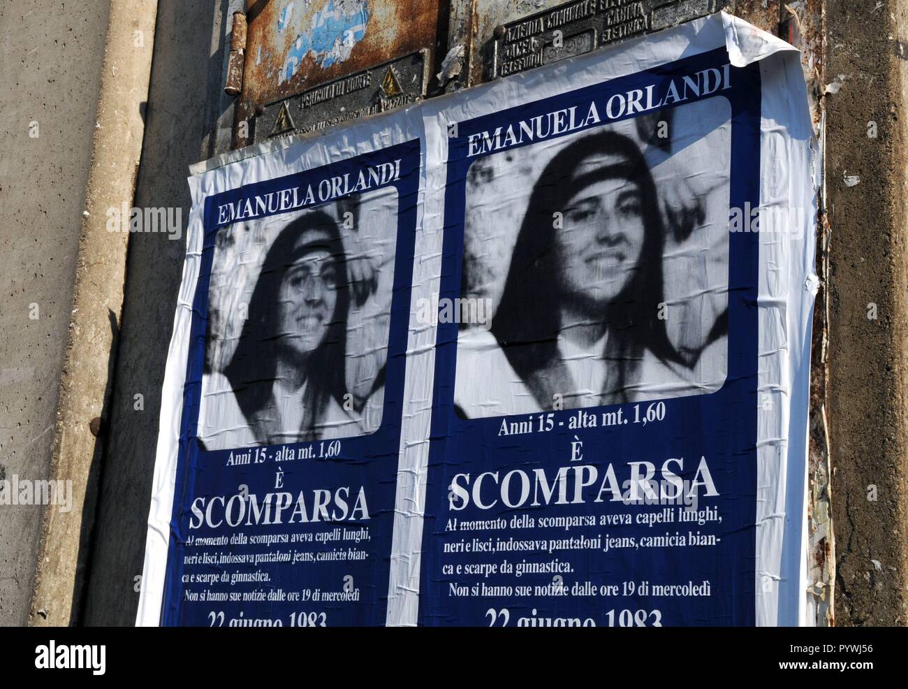 ROME - MANIFESTI WITH THE FACE EMANUELA ORLANDI 25 YEARS FROM THE DISAPPEARANCE (Camilla Morandi/IPA, Rome - 2008-06-23) ps the photo can be used respecting the context in which it was taken, and without the defamatory intent of the decoration of the people represented (Camilla Morandi/IPA, PHOTO ARCHIVE - 2018-10-31) p.s. la foto e' utilizzabile nel rispetto del contesto in cui e' stata scattata, e senza intento diffamatorio del decoro delle persone rappresentate Stock Photo