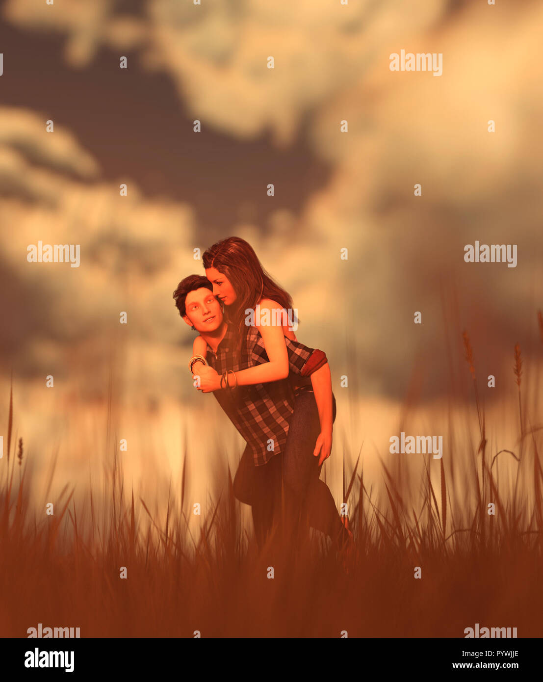 https://c8.alamy.com/comp/PYWJJE/romantic-couple-in-grass-field3d-rendering-PYWJJE.jpg