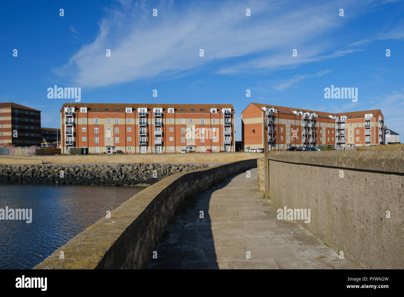 Coastline residential apartments redevelopment on the waterside Commercial Street Hartlepool from Middleton North Pier Stock Photo