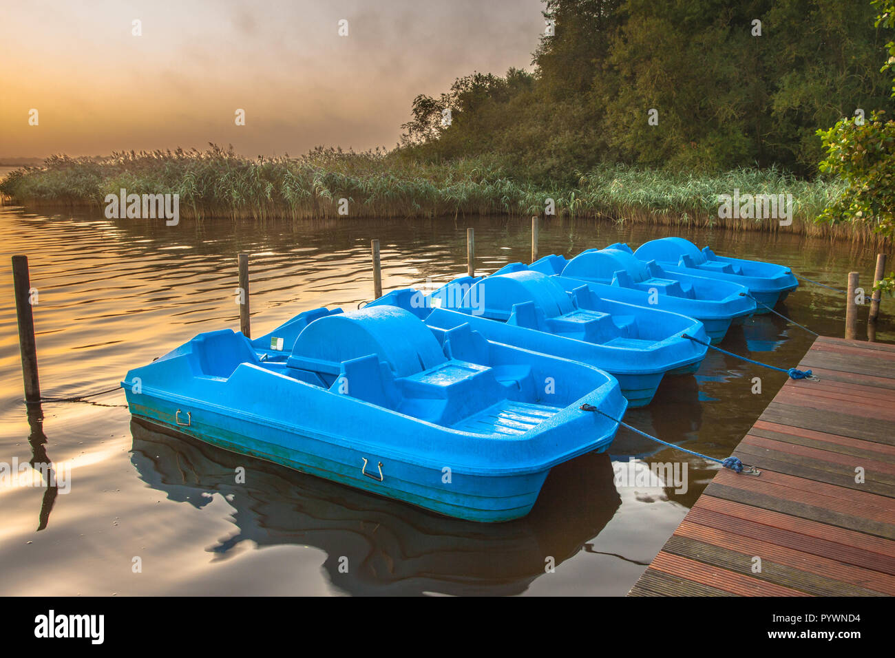 Row of Blue Pedal Rental Boats on a Foggy Morning at Zuidlaardermeer, Netherlands Stock Photo