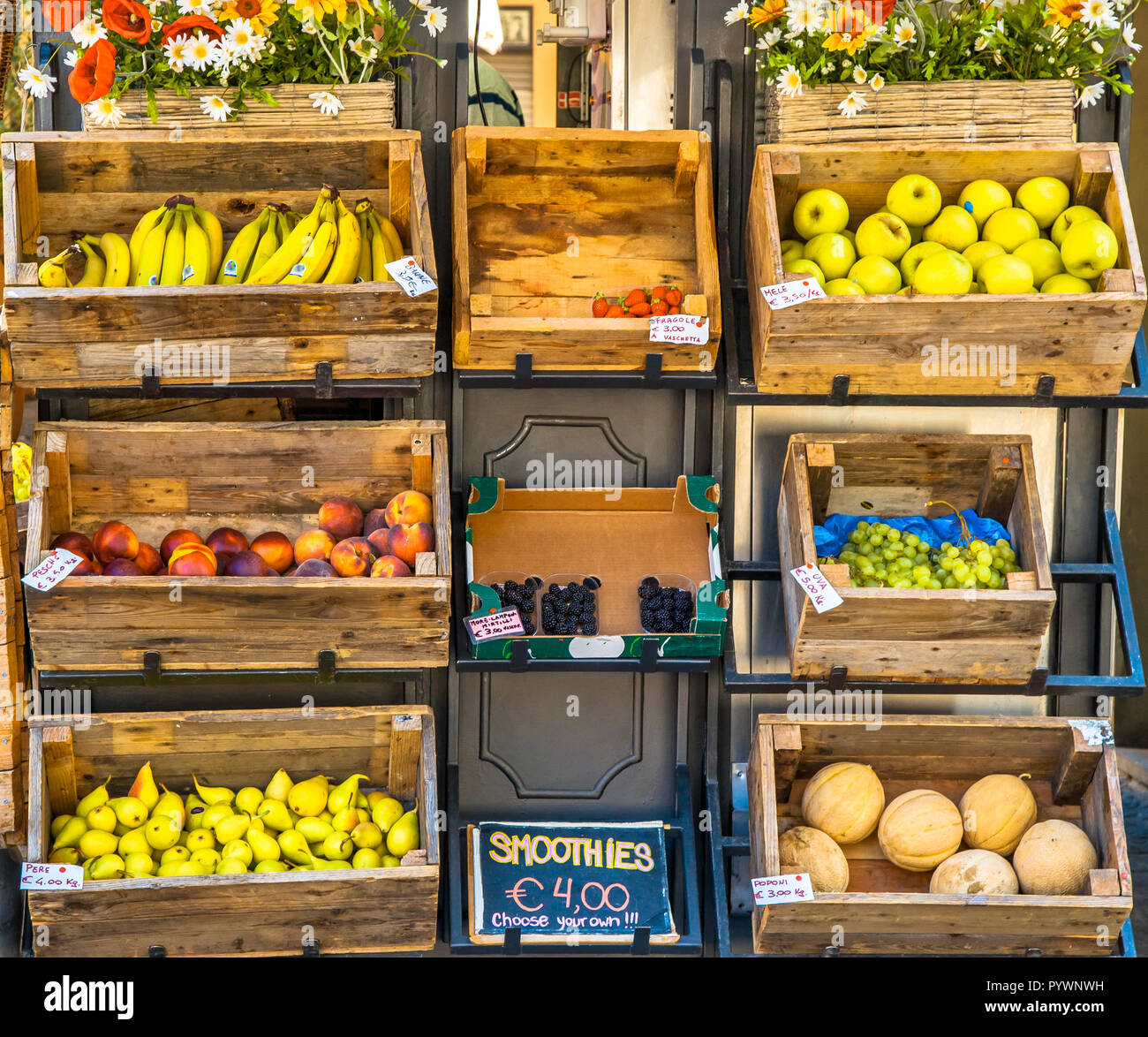 Smoothie shop with health food Organic Fruit on Display on a Street