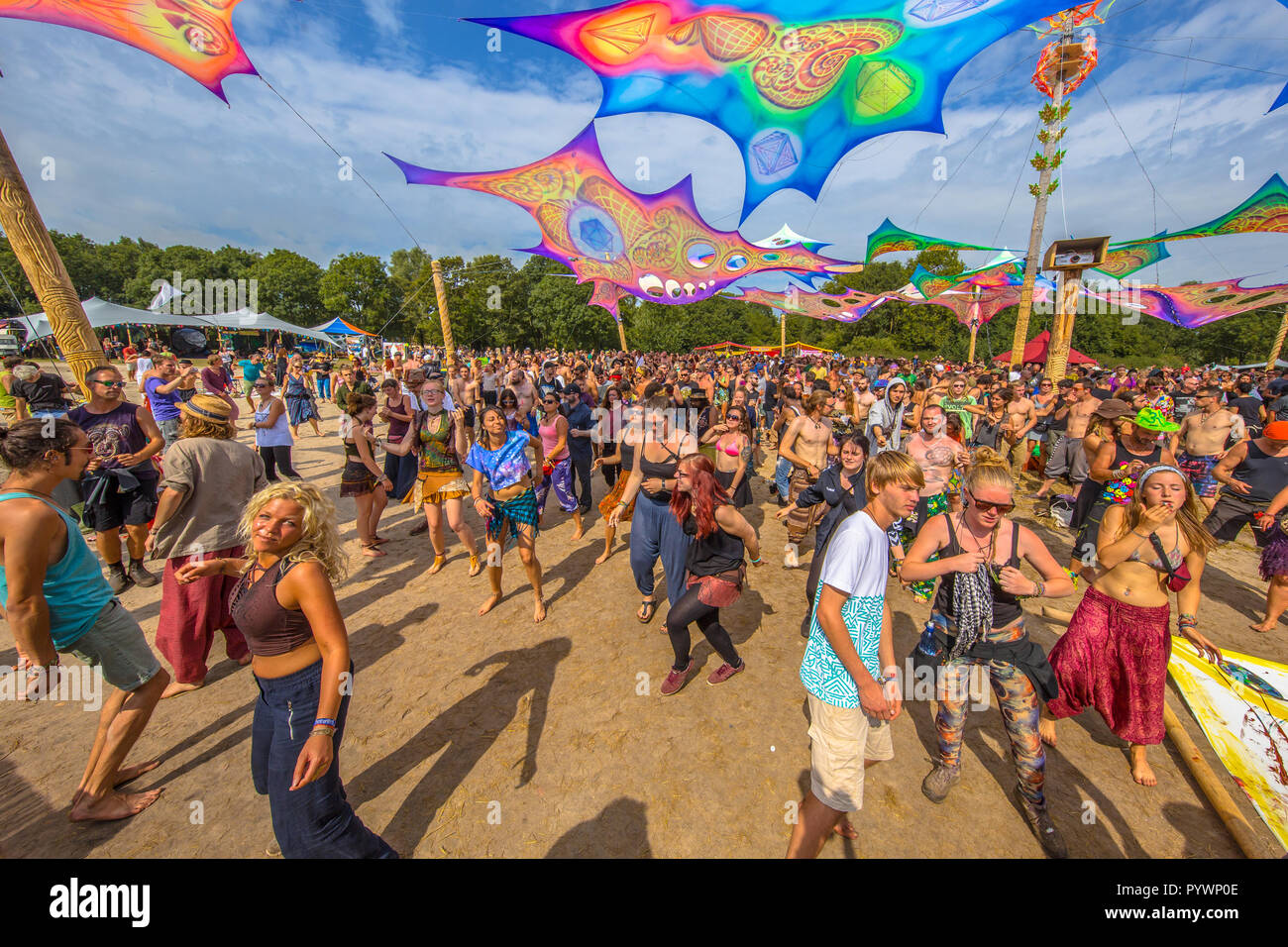 LEEUWARDEN, NETHERLANDS-AUGUST 30, 2015: Colorful party people on the dance floor at Psy-Fi open air psychedelic trance music Festival Stock Photo