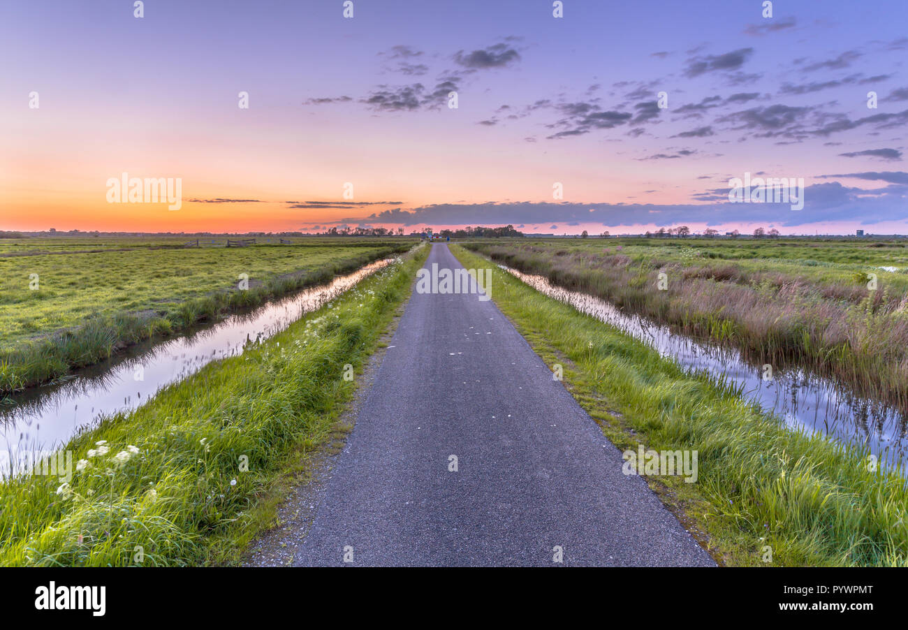 Road with ditches in flat and open polder countryside in Holland Stock Photo